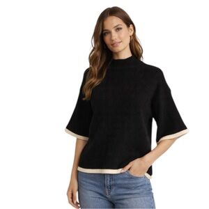 on & Anna Ribbed Mock Neck Sweater S/M Black Short Sleeve Contrast Trim